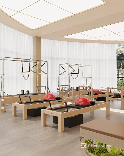 Bright Pilates Studio Interior With Wooden Reformers Red Exercise Balls And Cadillac Frames 3d model 