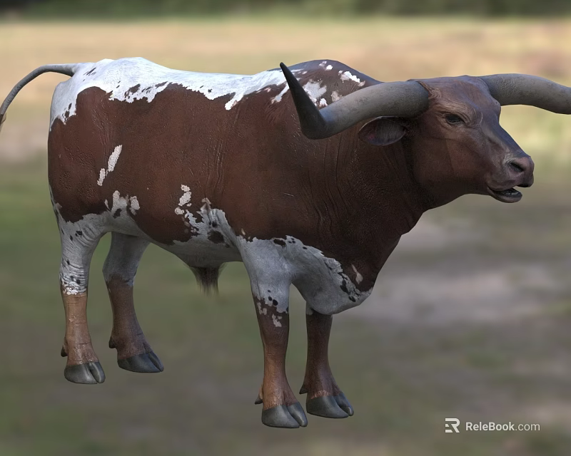 Brown And White Reptile With Large Horns Standing On Green Grass Field 3d model 