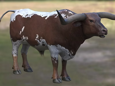 Brown And White Reptile With Large Horns Standing On Green Grass Field 3d model