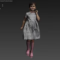 Little Girl Standing in Light Background Wearing Gray Dress Pink Socks and Pink Shoes