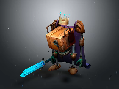 Anthropomorphic Robot King With Golden Crown Purple Cape And Blue Sword 3d model