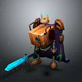 Anthropomorphic Robot King With Golden Crown Purple Cape And Blue Sword