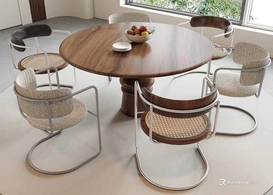 Modern Round Wooden Dining Table With Woven Metal Frame Chairs Fruit Bowl And Small Plate 3d model 