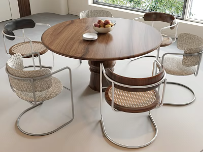 Modern Round Wooden Dining Table With Woven Metal Frame Chairs Fruit Bowl And Small Plate 3d model