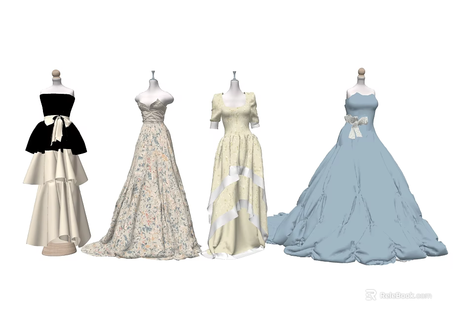 Elegant Vintage Dresses Collection With Various Colors Bow Details And Layered Skirts 3d model 