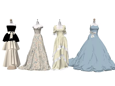 Elegant Vintage Dresses Collection With Various Colors Bow Details And Layered Skirts 3d model