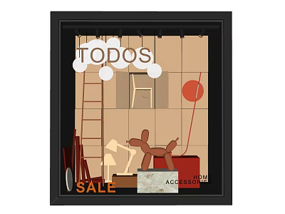 TODOS Shop Window Display With Sale Accessories Ladder Chair Balloon Dog Red Decor 3d model