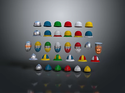Various Colored Helmets In Matrix Arrangement With Different Styles And Facial Feature Design 3d model