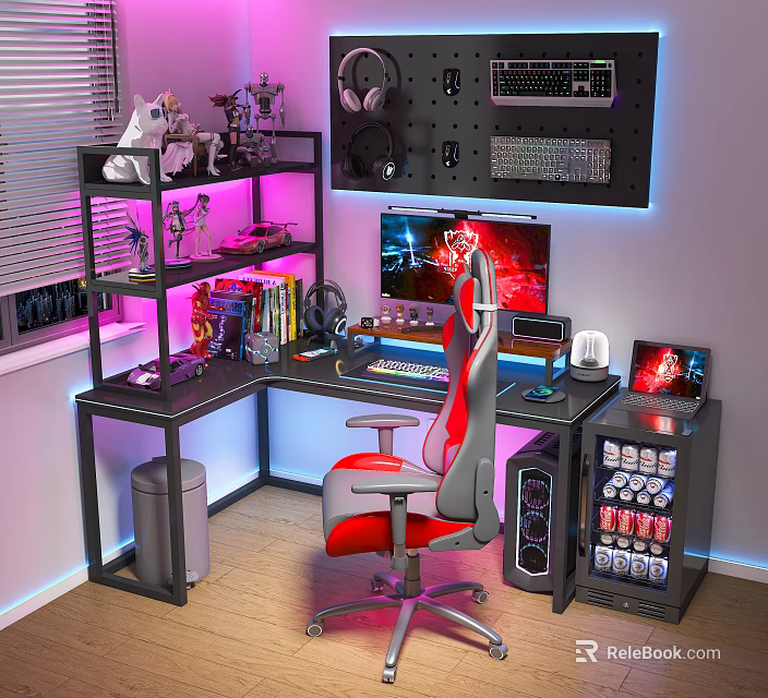 Gaming Desk Setup With Ergonomic Chair RGB Lighting Monitor Keyboard Shelves And Mini Fridge 3d model 