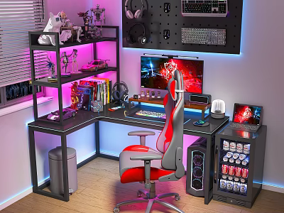 Gaming Desk Setup With Ergonomic Chair RGB Lighting Monitor Keyboard Shelves And Mini Fridge 3d model