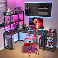 Gaming Desk Setup With Ergonomic Chair RGB Lighting Monitor Keyboard Shelves And Mini Fridge