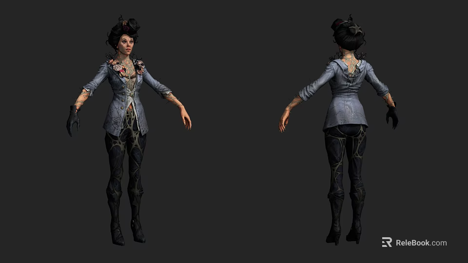 Female Game Character Design With Blue Jacket Black Tights And Updo Hairstyle Front Back View 3d model 