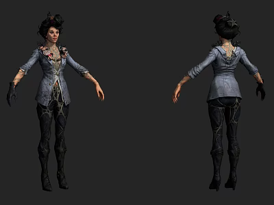Female Game Character Design With Blue Jacket Black Tights And Updo Hairstyle Front Back View 3d model