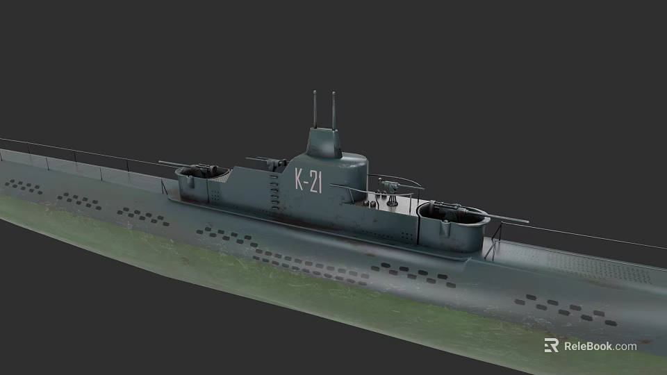 Military Submarine K-21 Side View Featuring Dark Hull And Weapon Systems 3d model 