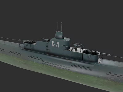 Military Submarine K-21 Side View Featuring Dark Hull And Weapon Systems 3d model