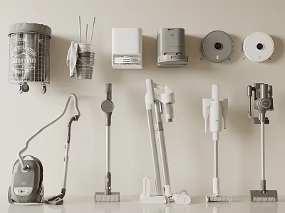 Various Household Electrical Appliances for Home Cleaning Including Vacuum Cleaners Mops and Bins 3d model