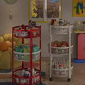 Red And White Multi Tiered Shelving Unit For Kids Room Storing Toys Snacks Fruits Drinks