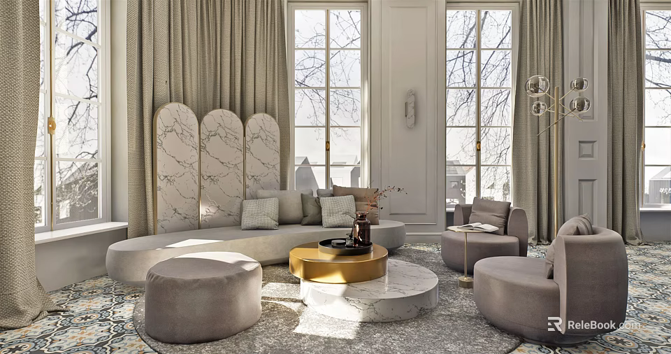 Elegant Modern Living Room With Curved Sofa Marble Wall Large Windows And Round Coffee Table 3d model 