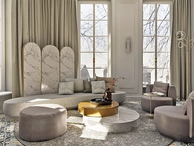 Elegant Modern Living Room With Curved Sofa Marble Wall Large Windows And Round Coffee Table 3d model