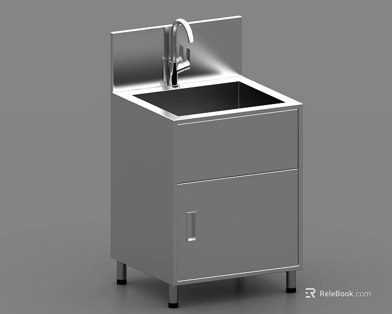 Stainless Steel Sink Cabinet With Faucet Drawer Door And Black Legs 3d model 