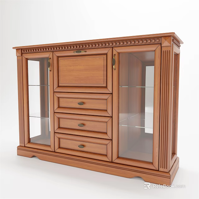 Traditional Wooden Sideboard With Decorative Trim Glass Doors And Three Drawers 3d model 