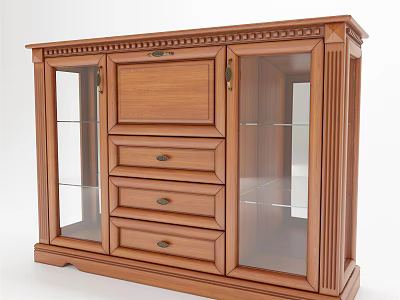 Traditional Wooden Sideboard With Decorative Trim Glass Doors And Three Drawers 3d model