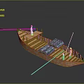 Traditional Wooden Boat Model With White Figures Blue Cushions And Oars