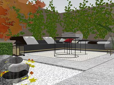 Cozy Roof Garden With Autumn Leaves Green Plants Outdoor Seating And Stone Paving 3d model