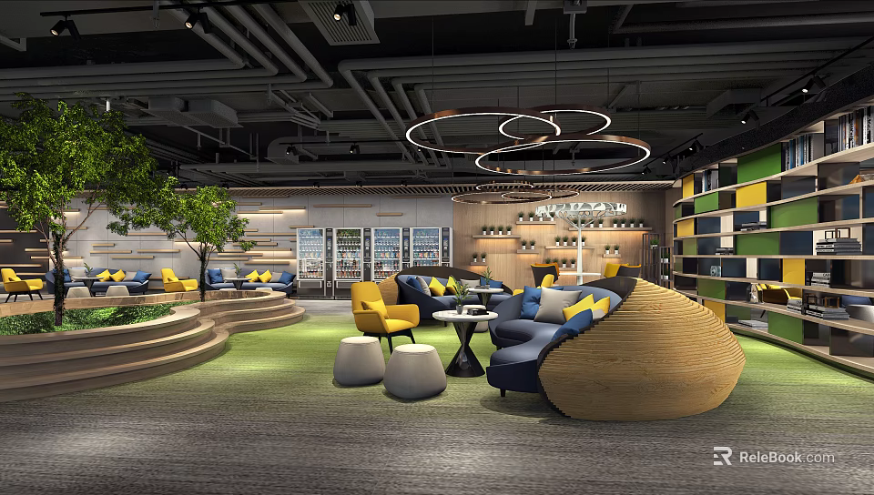 Modern Hotel Public Lounge Interior With Colorful Sofas Round Pendant Lights Green Plants And Bookshelves 3d model 