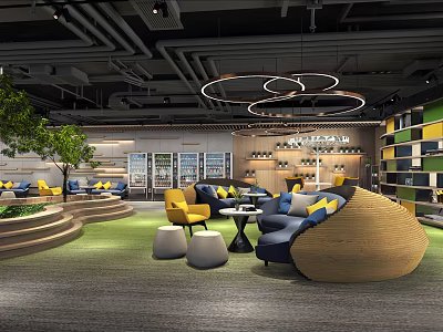 Modern Hotel Public Lounge Interior With Colorful Sofas Round Pendant Lights Green Plants And Bookshelves 3d model