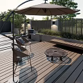 Courtyard Garden Design With Wooden Deck Outdoor Seating Green Plants And Sunshade Umbrella