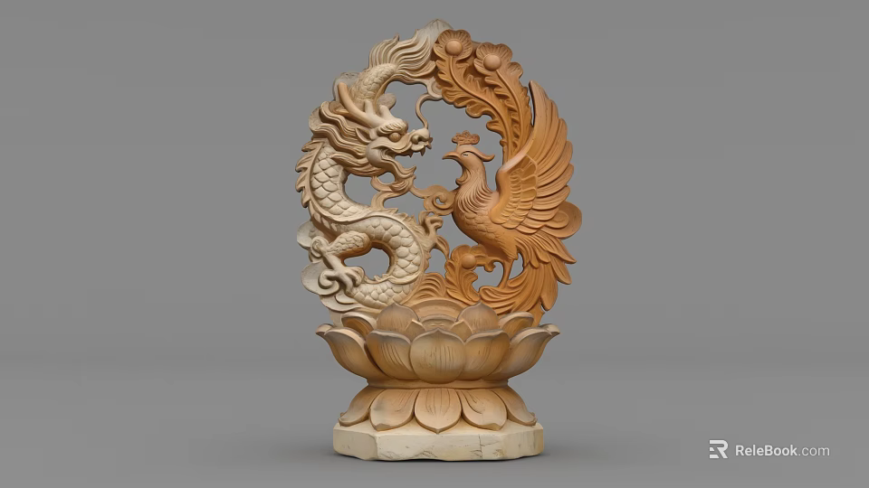 Exquisite Wooden Dragon And Phoenix Carving Sculpture With Lotus Base 3d model 