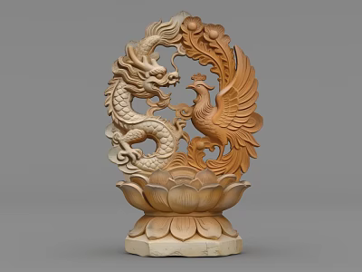 Exquisite Wooden Dragon And Phoenix Carving Sculpture With Lotus Base 3d model