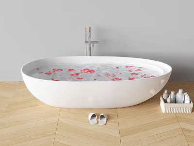 White Oval Bathtub Filled With Water And Red Petals On Wooden Floor Slippers Toiletries 3d model