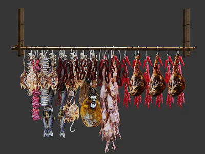 Various Types of Dried Meat and Fish Hanging on Bamboo Rack 3d model