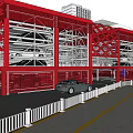 Multi Level Parking Garage With Metal Frame Red Pillars And Parked Cars
