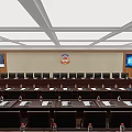 Modern Conference Room Interior With Long Wooden Tables Black Chairs Large Screens And Ceiling Lights