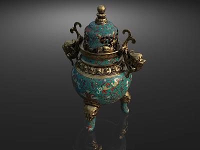 Traditional Blue Gold Ornament Decor Set with Intricate Patterns Dragon Handles Tripod Base and Lid 3d model