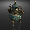 Traditional Blue Gold Ornament Decor Set with Intricate Patterns Dragon Handles Tripod Base and Lid
