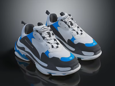 Stylish White Gray Blue Color Block Sneakers With Thick Sole And Lace Up Design 3d model