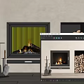Modern Fireplace With Burning Fire Wood Storage Nook And Fireplace Tools