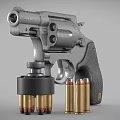 Silver Revolver With Open Cylinder And Bullets On Gray Surface