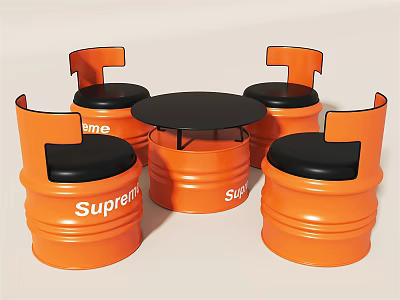 Orange Barrel Shaped Chairs With Black Round Table Supreme Logo Table And Chair Set 3d model