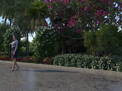 Lush Green Shrubs Along Garden Path With Purple Flowering Trees And Walking Woman 3d model