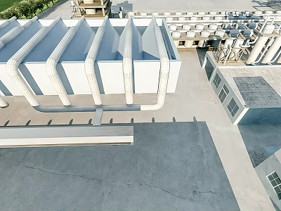 Aerial View Of Modern Industrial Factory With Roof Pipes And Equipment Layout Structure 3d model