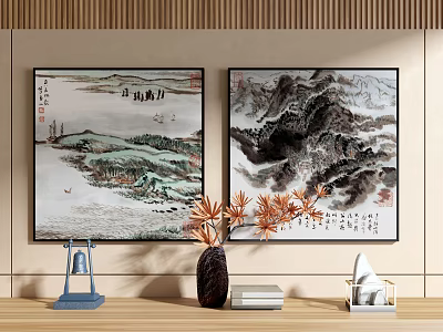 Chinese Landscape Paintings on Wall with Decorative Vase and Ornaments on Wooden Table 3d model