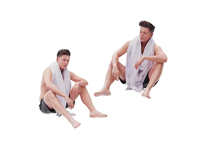 Two shirtless men wrapped in white towels sitting on the floor 3d model