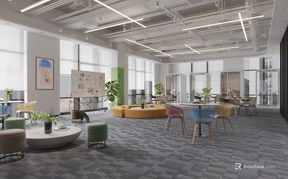 Spacious Modern Office Leisure Area With Bright Large Windows Colorful Comfortable Seats And Fresh Plants 3d model 
