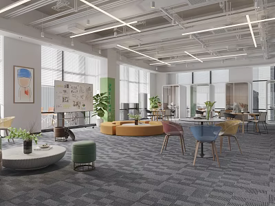 Spacious Modern Office Leisure Area With Bright Large Windows Colorful Comfortable Seats And Fresh Plants 3d model