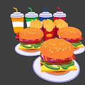 Fresh Juicy Hamburgers With Crispy French Fries Drink Cups And Sauce Containers